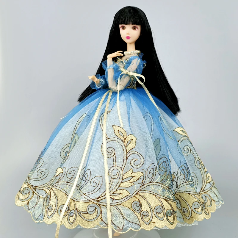 

Синее Золотое Платье принцессы ручной работы для куклы Барби 1/6 аксессуары для кукол с буффами на рукавах с бантом вечернее платье для детск...