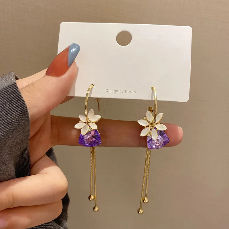 

Minar Elegant Purple Colour Crystal Dangle Earrings for Women Ladies White Color Flower Long Tassel Earrings Accessories Hot