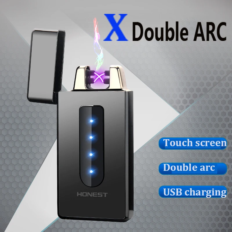 Двойная дуга Электронная зажигалка для сигарет Металлическая USB перезаряжаемая