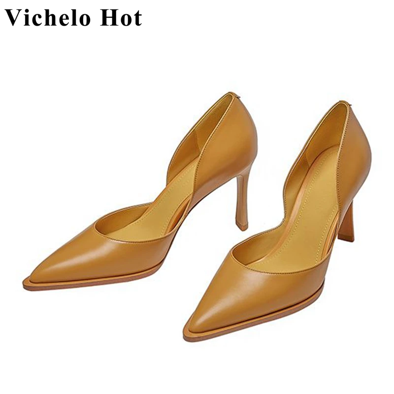 Vichelo Hot summer shallow shoes ins party sexy pointed toe stiletto super high heels natural cow leather yellow color pumps l02