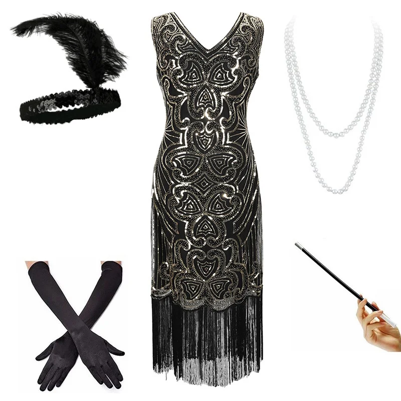 black gold set -b Женские 1920s Гэтсби Хлопушки бахрома платье V шеи бисером блесток платье(розовый/черный/красный/Абрикосовый) S-XXL - Цвет: black gold set -b