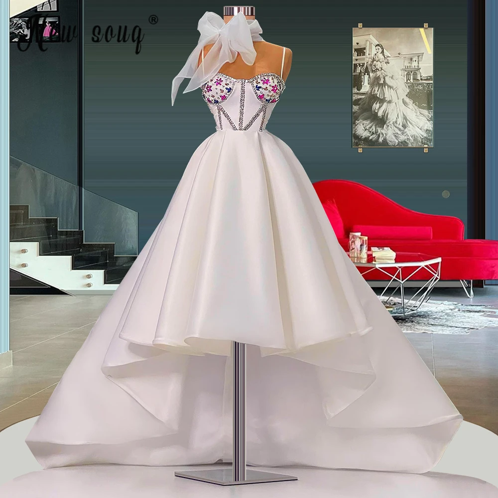 

Rhinestones White A Line Prom Dresses Deteachable Short Puffy Ball Gown Evening Gowns Bow Women Formal Party Dress Plus Size