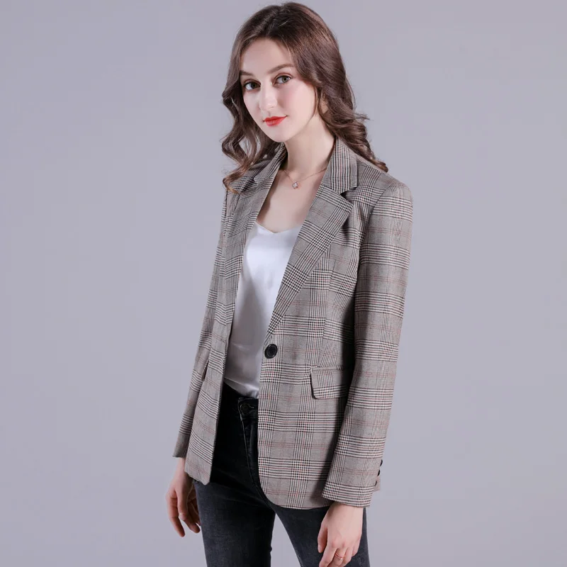 Осенний винтажный двубортный клетчатый женский блейзер с карманами женские