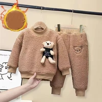 winter baby girls clothing set 2021 new cartoon bear kids plus velvet hoodiepants 2pcs homewear suits children clothes 2 6 year