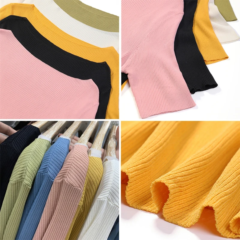 

Summer Slash Neck Short Sleeve Knitted T-Shirt Women Korean Style Solid Knitwear Tops Female 2021 New Elegant Slim Base Shirt