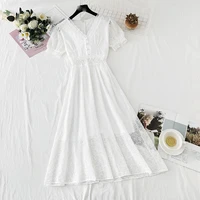 lace dress female summer 2021 the new white puff sleeve v neck french retro fairy dressslim slimming exquisite embroidery dress