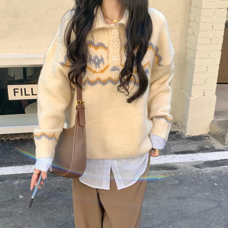 

Control to film polo collar jacquard sweater sweet female qiu dong thickening jacquard languid is lazy wind knitting coat