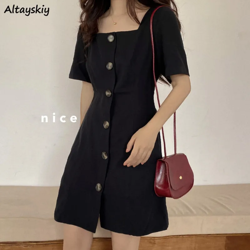 

Short Sleeve Dress Women Solid A-line Square Collar Single Breasted Mini Dresses Vintage Loose Korean Style Elegant Ulzzang Chic