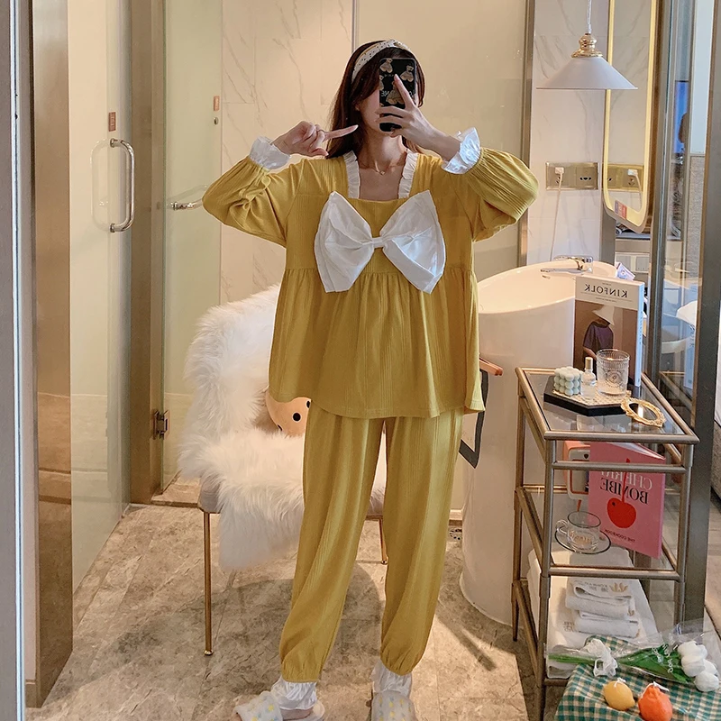 

New Princess Sleepwear Big Bow Pajamas For Women Long Sleeve Korean Cute Sweet Homewear Female Mujer Nightsuit Cotton Pijamas