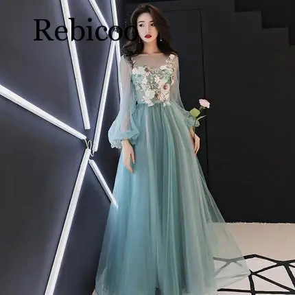 

Dress Full Appliques Beading Flowers Beautiful Formal Dresses Blue Gray Lantern Sleeve Long Party Gown