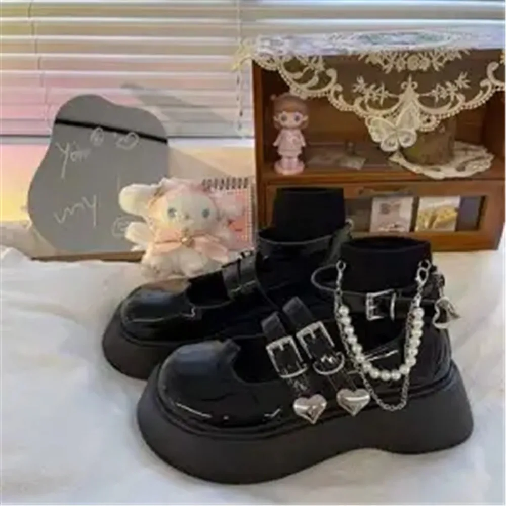 

Muffin Thick Soled Small Leather Shoes Women's 2021 New Spice Girl Round Head Love Buckle Mary Jane Japanese JK Lolita Shoes