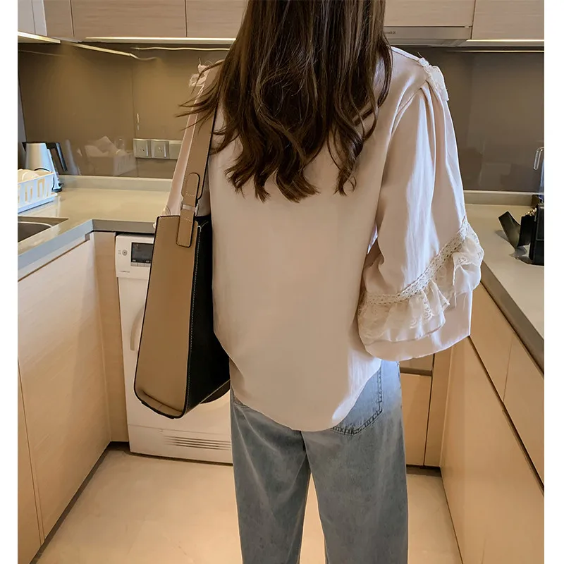 Рубашка женская кружевная с оборками и длинным рукавом|Блузки| |