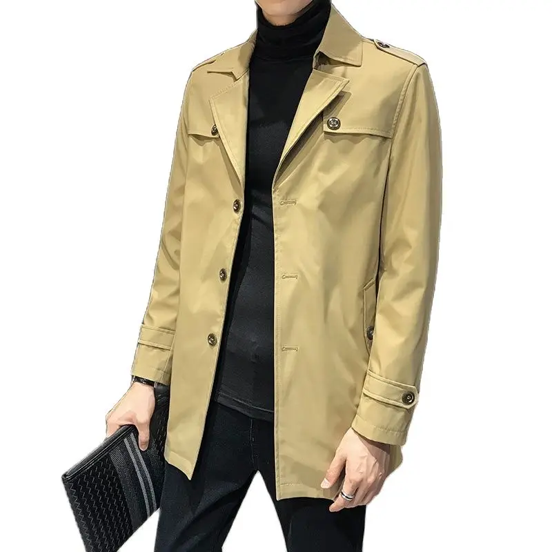 Осеннее черное мужское длинное пальто ветровка модная деловая Повседневная