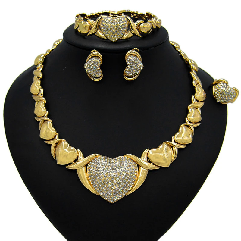 

Hotsale African Jewelry Sets Heart Necklace Bracelet Dubai Gold Jewelry Set for Women Wedding Party Bridal Earrings Ring Jewelry