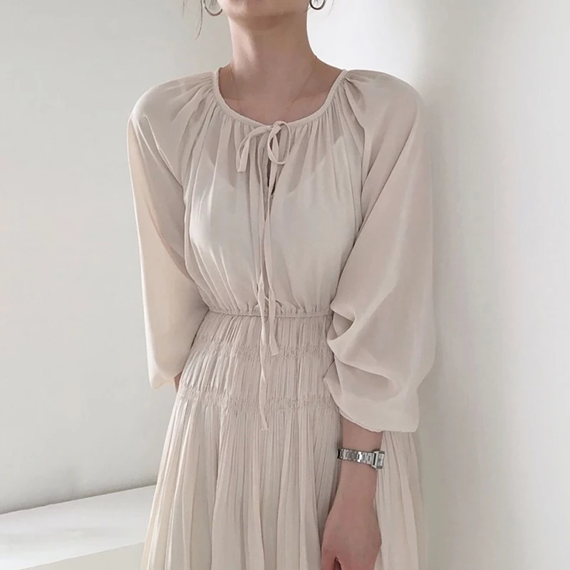 

Woman Long Dress 2020 Korean Style Vintage Long Sleeve Drawstring O-neck Slightly Transparent High Waist Ladies Dresses Autumn