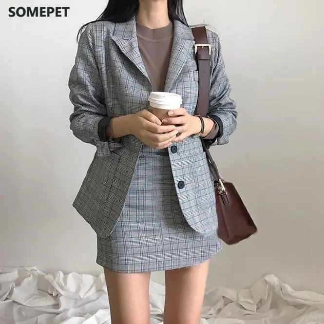 

Korea chic blazer coat plaid mini skirt suit women jacket suit office lady jacket high waist skirt 2 piece set women
