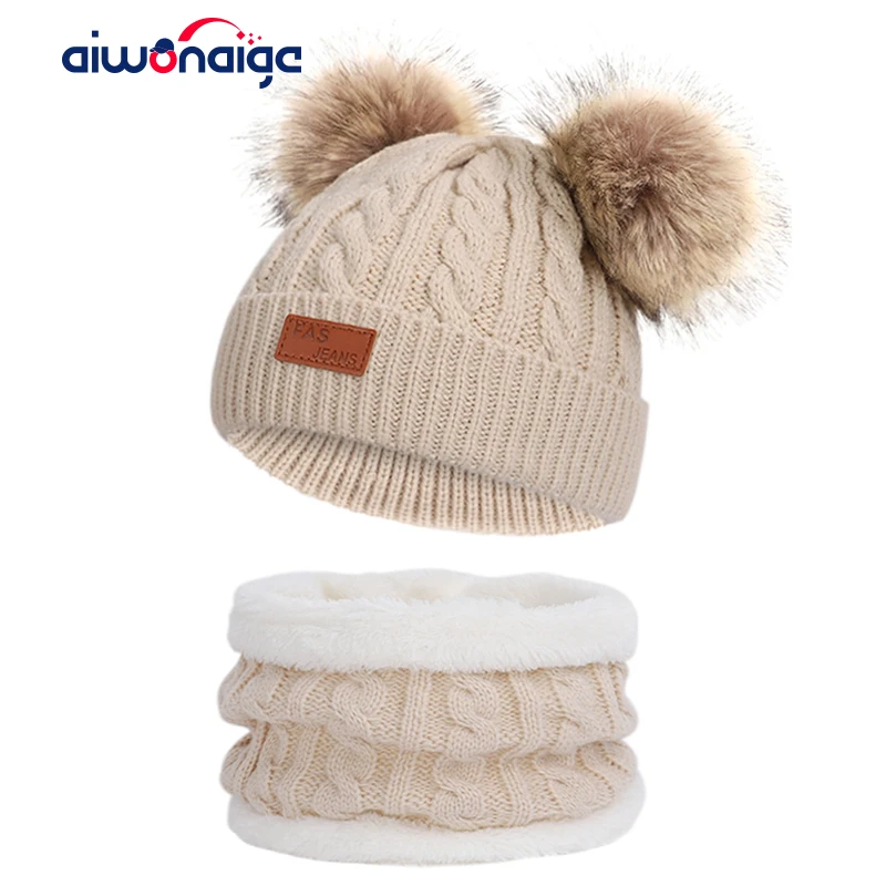 

2019 children's hat scarf two sets winter hat for girls hat with pompon knit hat warm plus velvet bib fashion casual hat beanie