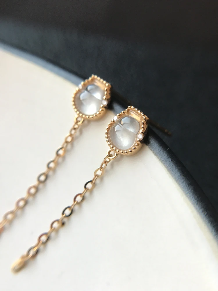 

Customized Elegant All-Match Myanmar Ice-like Glass Type New Customized Women's 18K Gold Jadeite Gourd Ear Studs Tassel Earrings