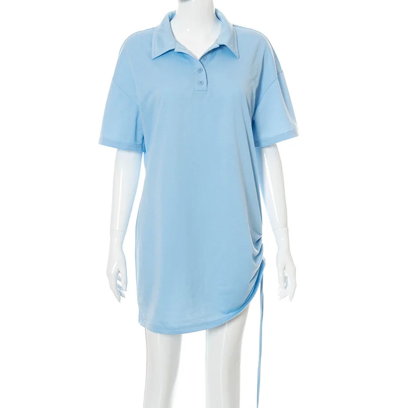 

JULISSA MO Blue Polo Collar Loose Mini Shirt Dresses 2021 Women Short Sleeve Drawstring Dress Female Casual Streetwear Vestidos