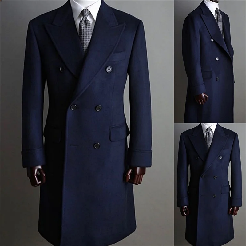Formal Navy Men Suits Thick Wool Custom Made Men Jacket Double Breasted Tuxedos Peaked Lapel Blazer Business Long Coat