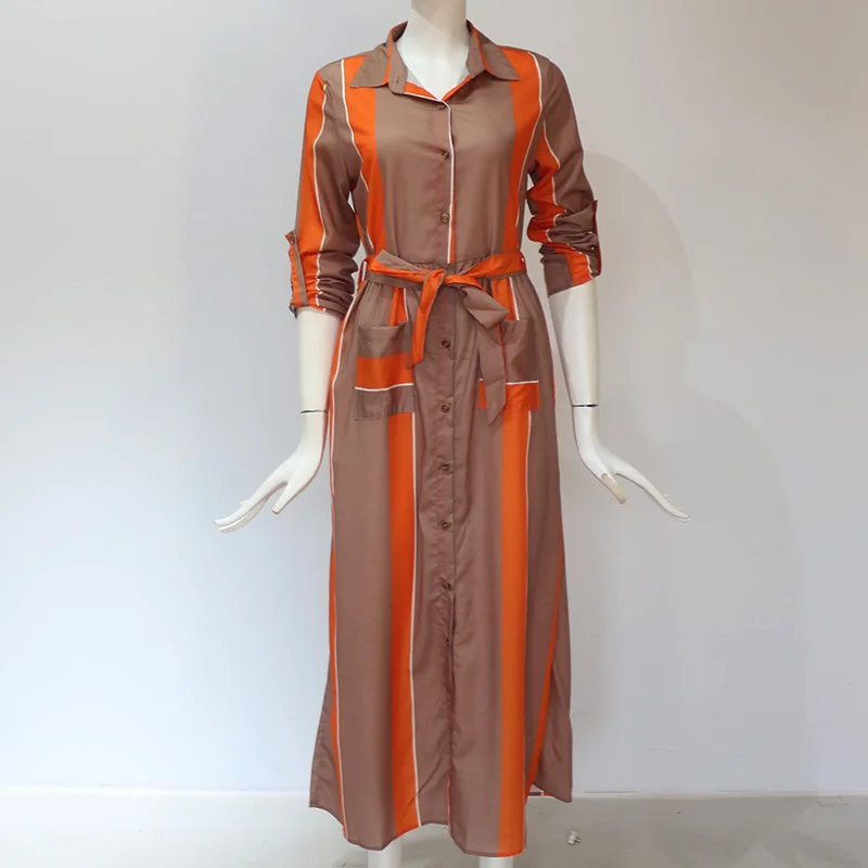 

Women Shirt Maxi Dress Striped Print Autumn Bandage Pockets Casual Long Sleeve Streetwear Woman Dresses Vestidos Ropa Mujer