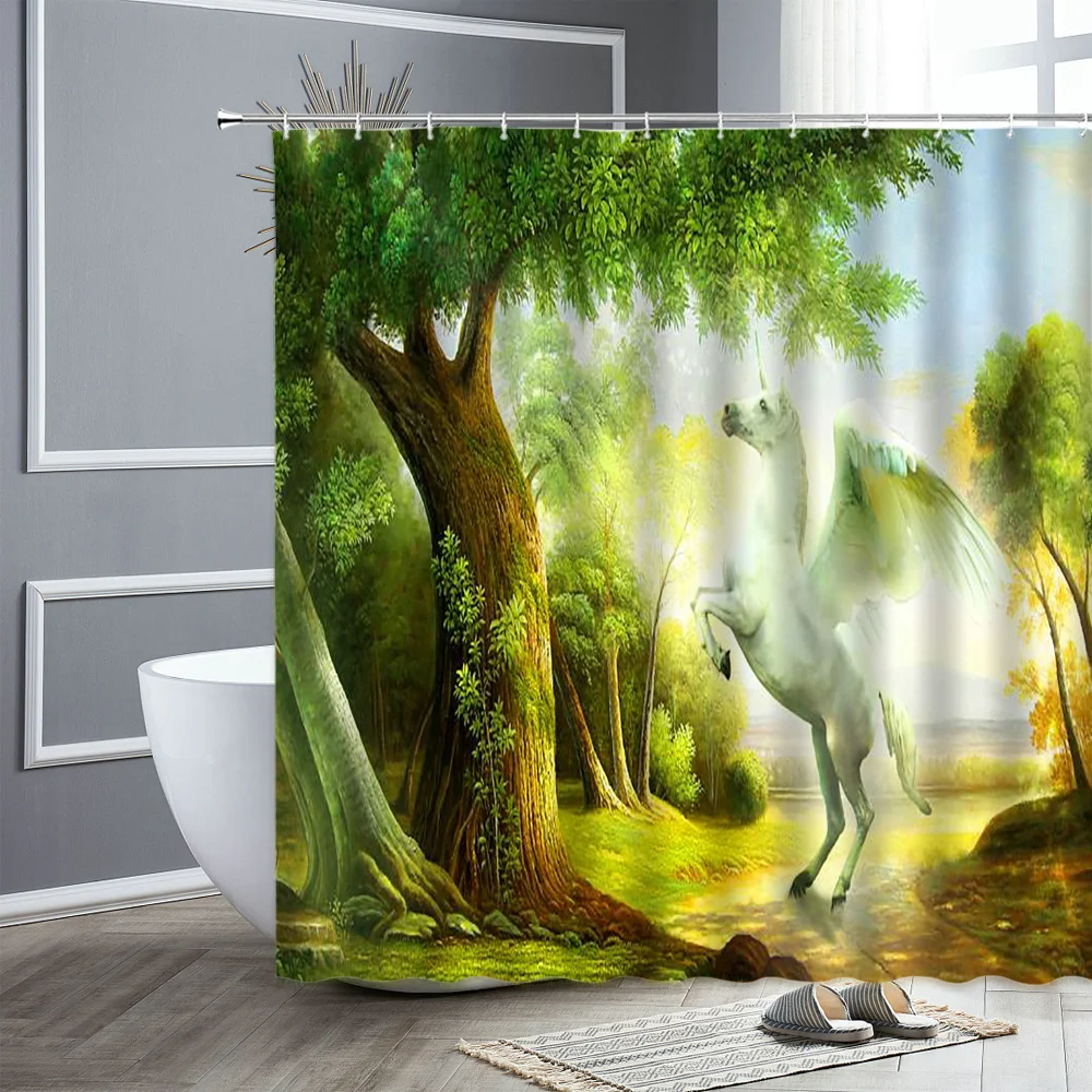 

Unicorn Printing Shower Curtain Animal White Horse Green Plants Waterproof Fabric Bathroom Curtains Home Wall Decor Bath Screen