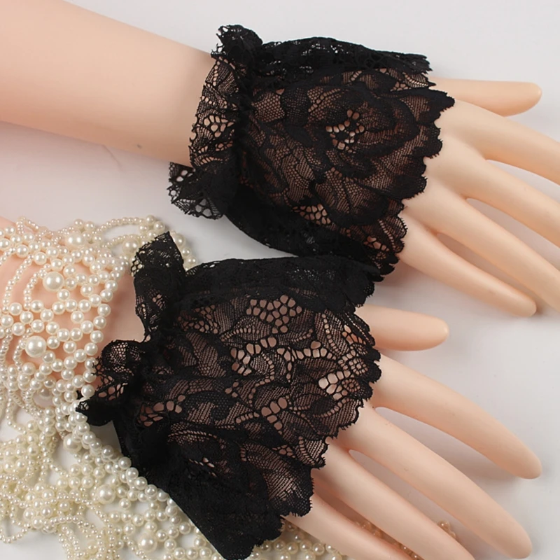 

9cm Women Single Layer Floral Lace Stretch Wrist Cuffs Short Hand Warmer Scar Cover Sunscreen Detachable Fake Sleeves Bridal Fin