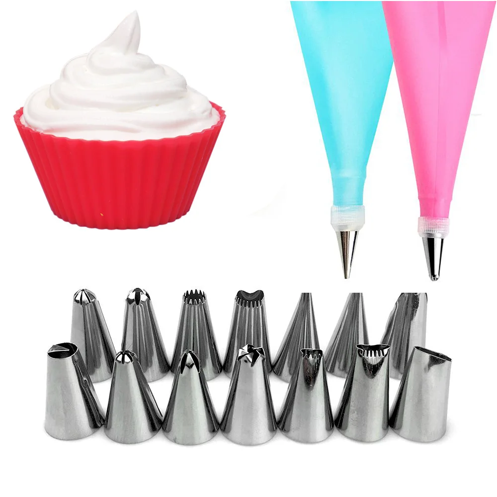 

16 PCS/Set Silicone Kitchen Accessories Icing Piping Cream Pastry Bag +14 Stainless Steel Nozzle Set DIY Cake Decorating