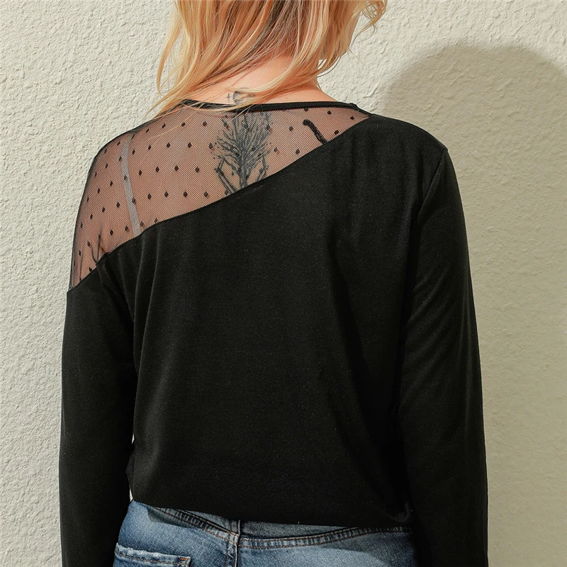 

Vintage Blouse See-through Long Sleeve Sexy Polka Dot Blouse O Neck Lady Office Shirt Tunic Casual Loose Tops Blusas