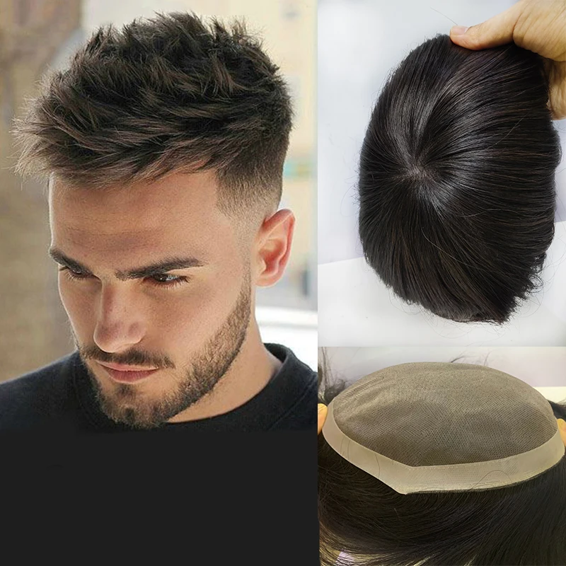 Human Remy Hair Toupee For Men Mono Lace PU Hairpiece Natural Looking Remy Hair Mens wig Replacements Toupee