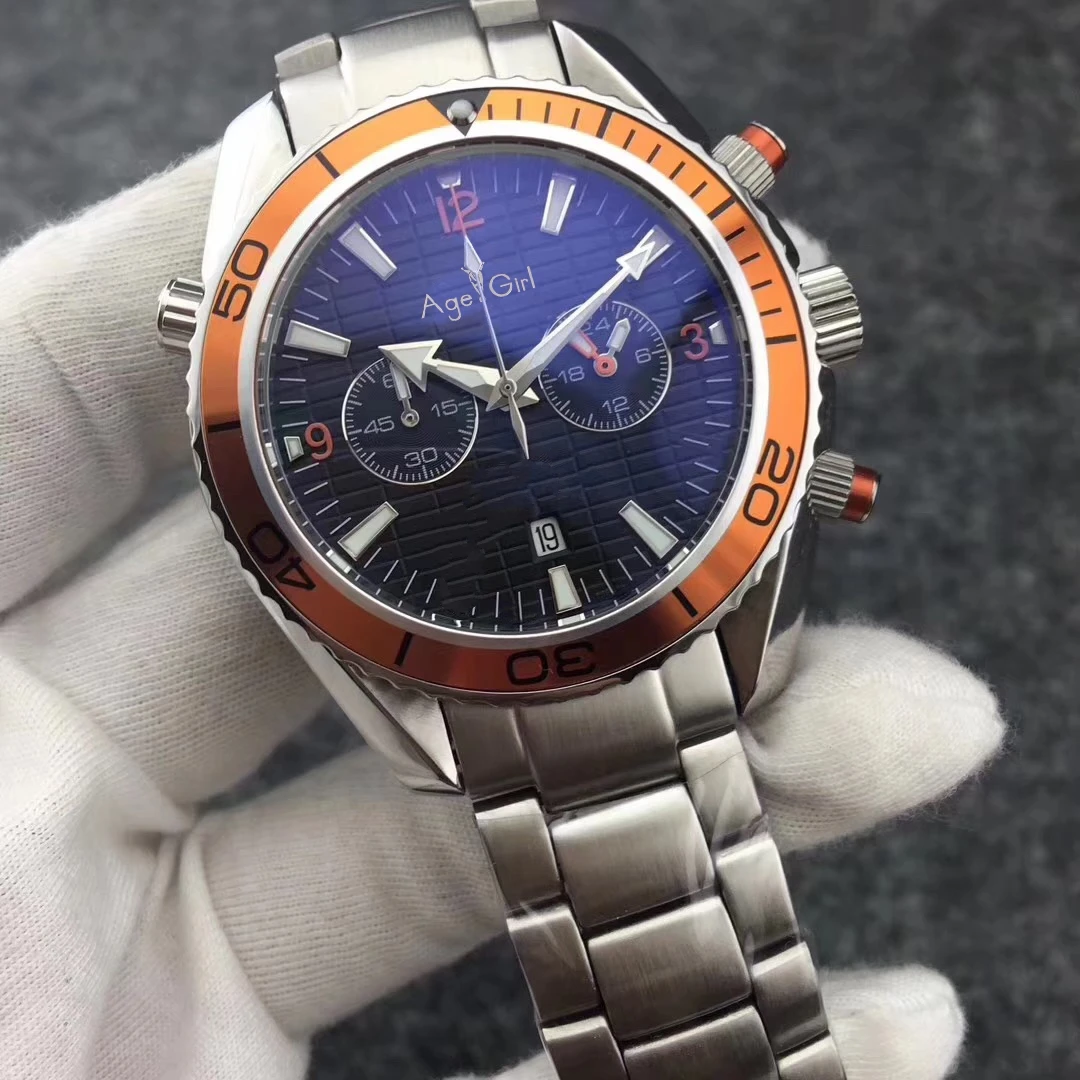 

Classic New Men Chronograph Japan Quartz 300m Watch Sport Date Chronometer 007 Sapphire Black Blue Orange Leather Watches