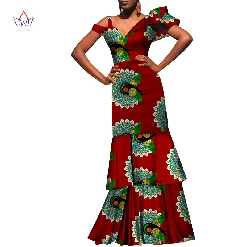 Bintarealwax African Dresses for women Dashiki Elegant Long Dresses for Lady Bazin Riche V-neck African Clothing WY3718