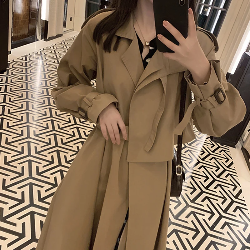 Women Trench Coat Autumn Casual Belt Waist Long Coat Turn Down Collar Long Sleeve Windbreaker Trench Fashion Outwear