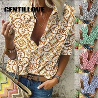 vintage geometric patterns women long sleeves work office shirt tops elegan loose turn down collar stylish female casual blouse