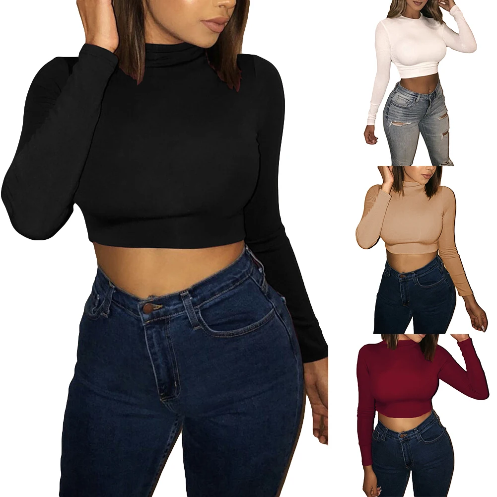 Однотонный сексуальный укороченный свитер с круглым вырезом на пупке Женский