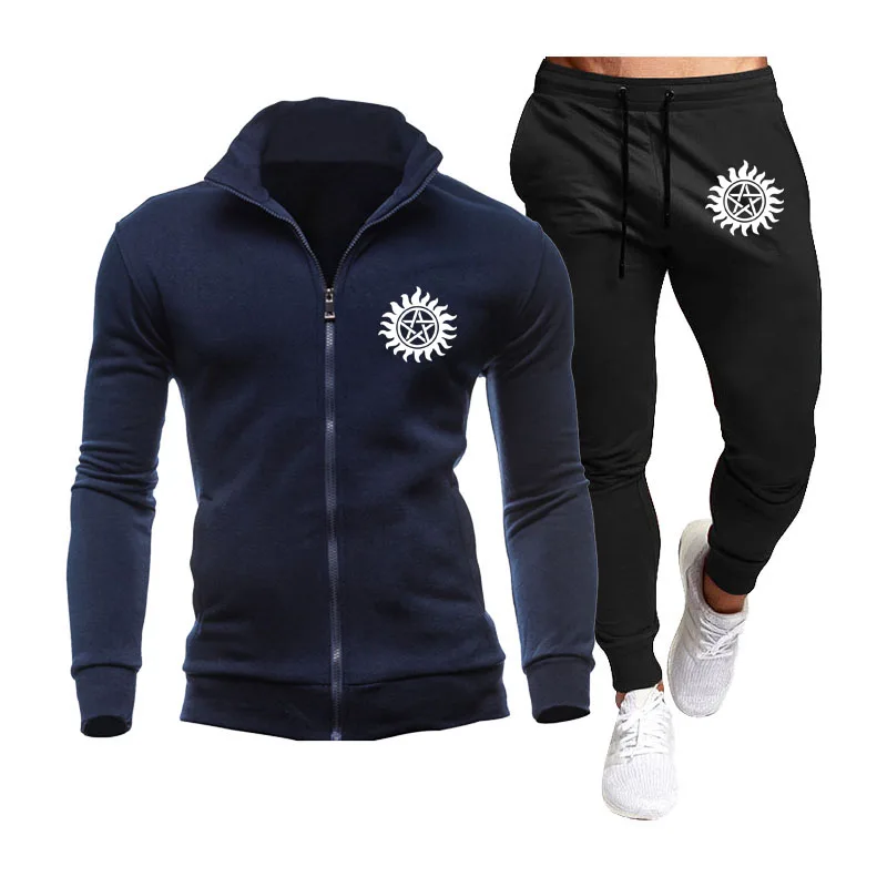 

New 2021 Men's sports jacket set Winchester Bros Print Spring Autumn Fashion casual Fitness jogging jacket + pants 2-piece set J
