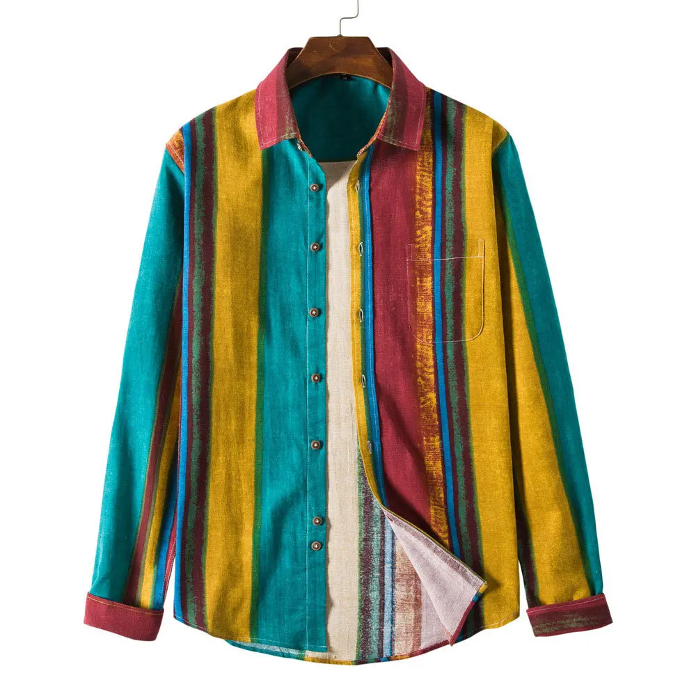 

Рубашка мужская с отложным воротником, модная блузка из хлопка и льна, с длинным рукавом, в Вертикальную Полоску, в стиле кэжуал