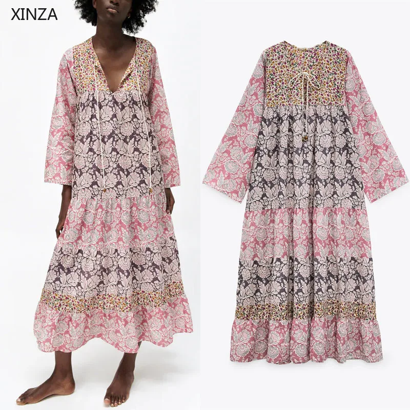 

2021 ZA для женщин в стиле пэчворк с цветочным принтом Длинные платья V образным вырезом плиссированное платье мамы и маленькой дочки; Свободно...