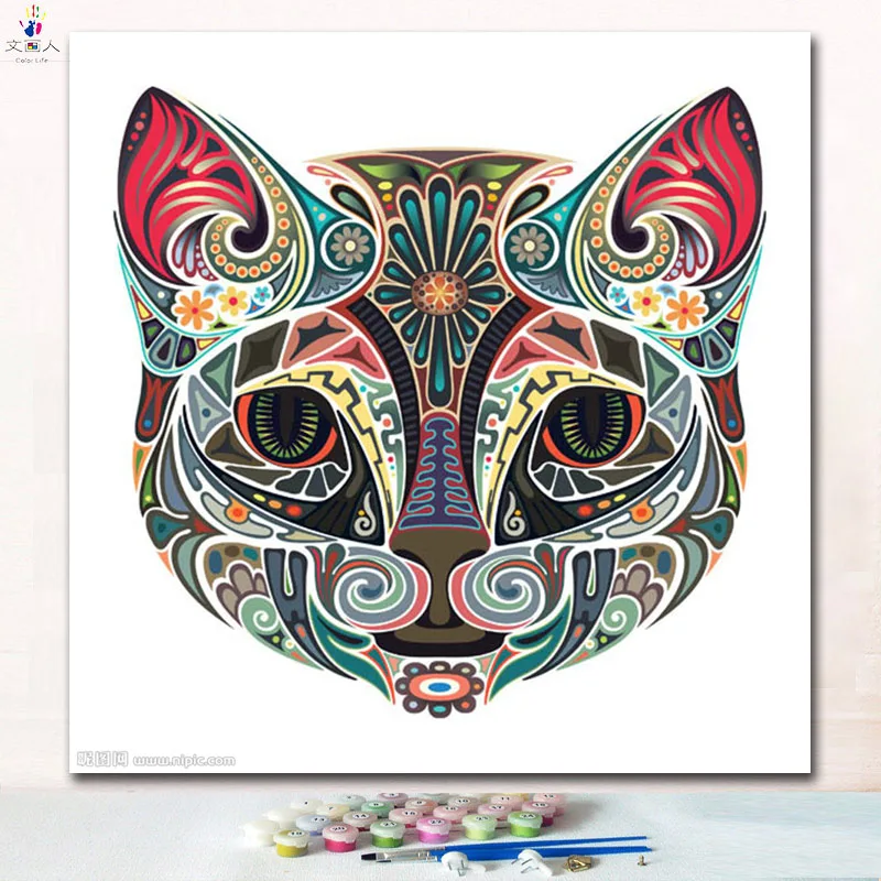 Красочная кошка голова картина Картина по номерам с красочными цветами для