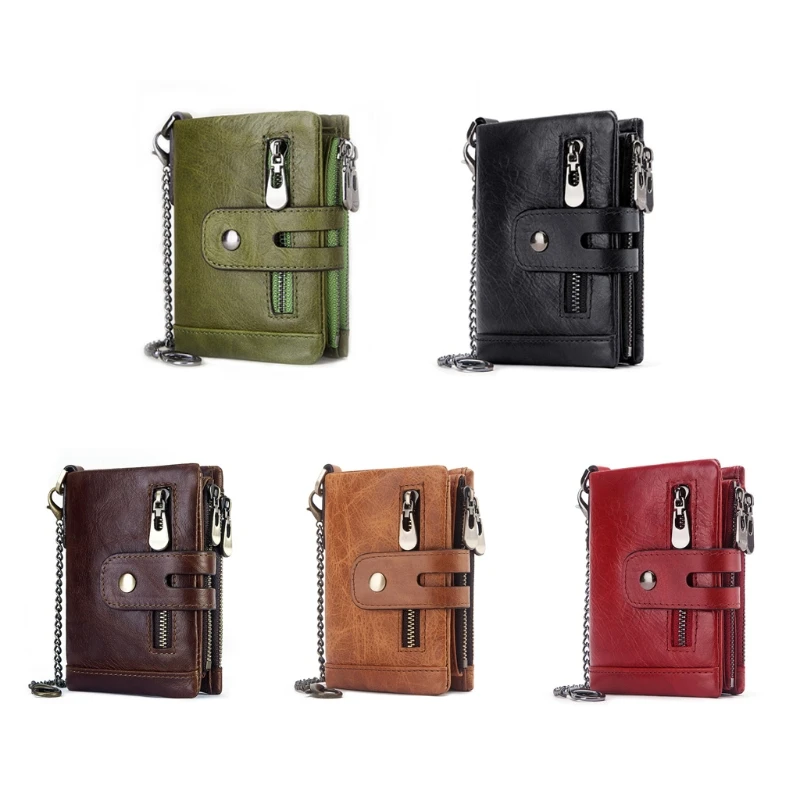 

Credit Card Leather Bifold Wallet RFID Blocking Double Zipper Cash Coin Purse