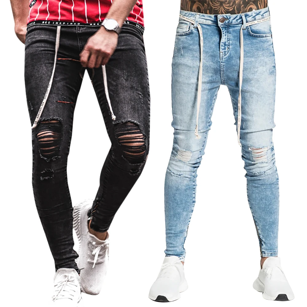 

Skinny Jeans Men Clothting Sexy Hole Pants Drawstring Men's Jeans Trousers Male Pencil Pants Sknny Denim Pant Blue Jeans
