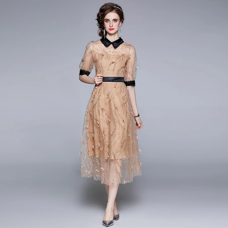 

Simgent Pink Embroidery Dress Women Summer Half Sleeve Peter Pan Collar Lace Mesh Dresses Midi Long Vestidos Jurken SG14236