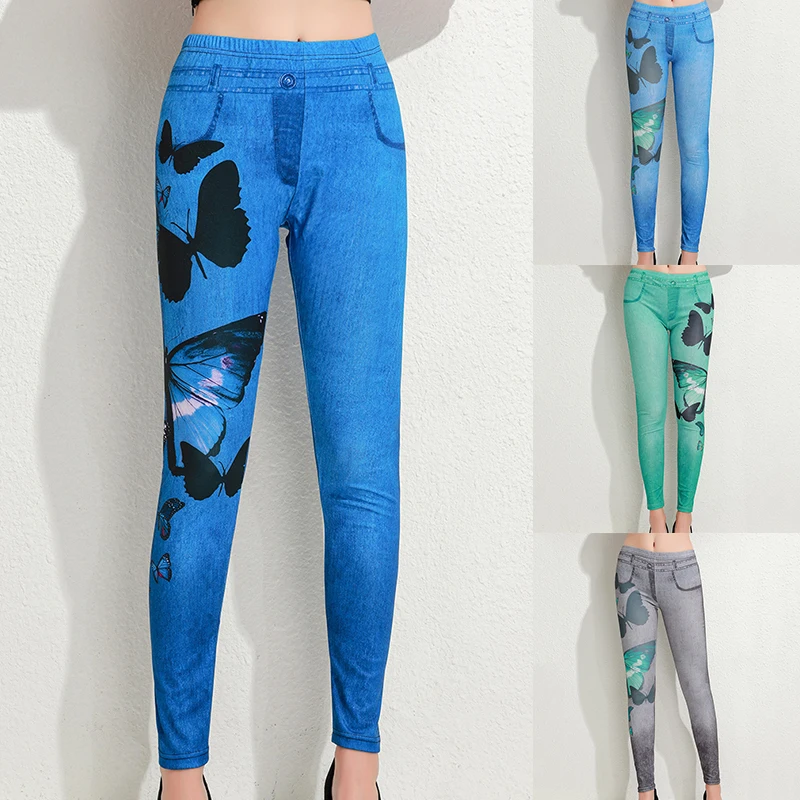 Леггинсы женские с завышенной талией длинные брюки-карандаш 3D-принтом бабочек