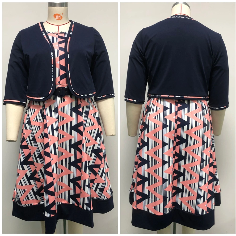 

2021 Ladies Hot Sale African Turkey Style Plus Size Three Quarter Sleeve Printed Coat And Dress Suit For Women