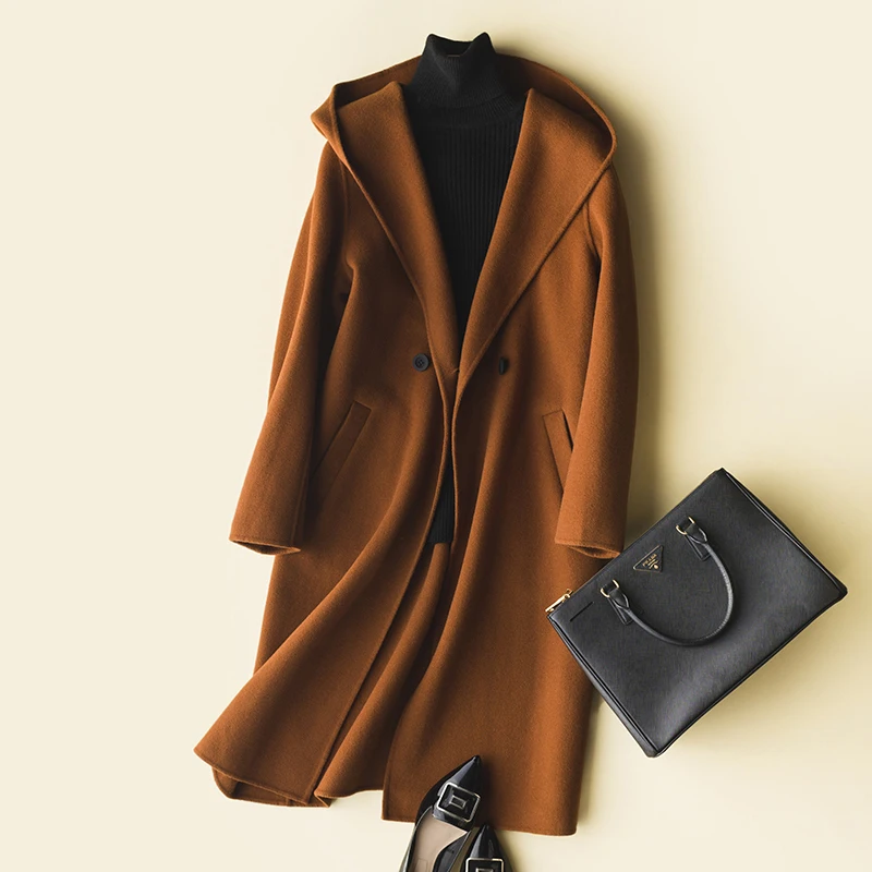 Женская зимняя одежда 100% шерстяные пальто Длинная шерстяная куртка с капюшоном