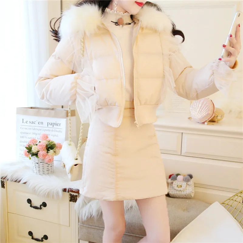 Женский хлопковый костюм SWEETXUE юбка с капюшоном и меховым воротником мини комплект из 2 предметов в стиле