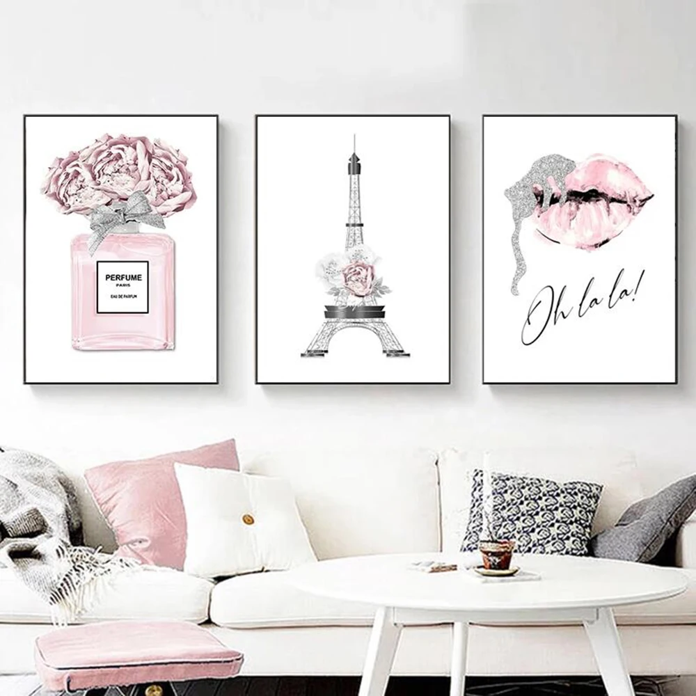 

Pink flower perfume fashion lady rhinestone mosaic painting silver lips art painting wall picture modern girl room home decor