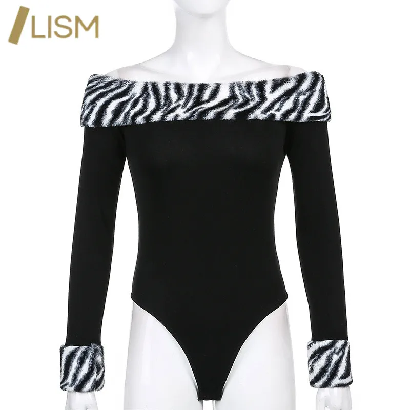 

LISM Sexy Slash Neck Bodycon Bodysuit Leopard Faux Fur One Piece Outfit Long Sleeve Buttons Knitted Rompers Womens Club Outfits