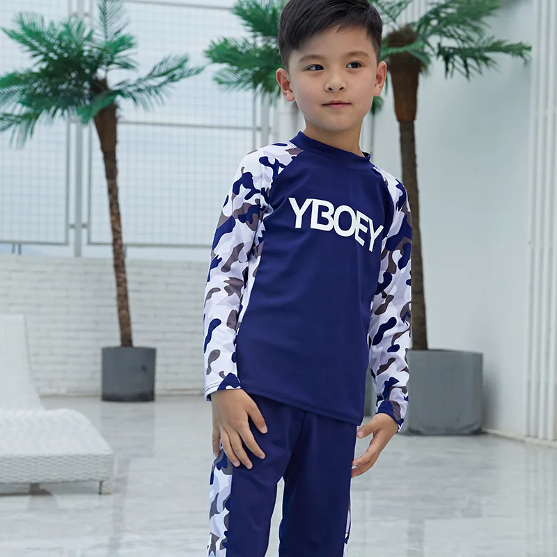 Boys Swimsuits Sunblock 2 Pieces Swim Suit Camouflage Children Swimwear Long Sleeve Boy Split Swimsuit Kids Bodysuit Beach Wear | Спорт и