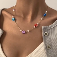 elegant blue purple red colour flower charm necklace for women ladies faux pearl thin chain chokers necklace chic accessories